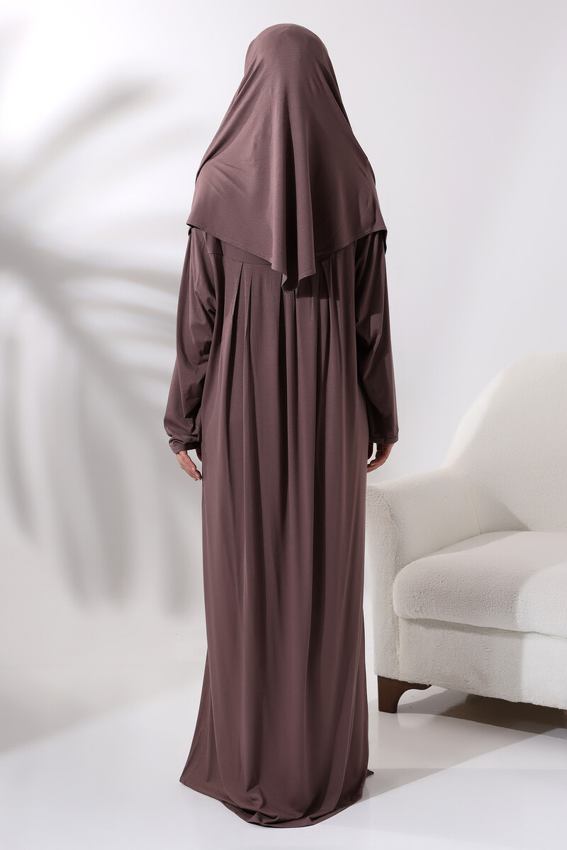 One Piece Practical Prayer Dress with Headscarf and Robe 8015 Milk Coffee - 6