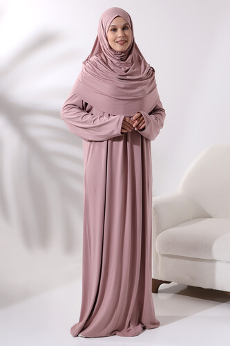 One Piece Practical Prayer Dress with Headscarf and Robe 8015 Powder - 1