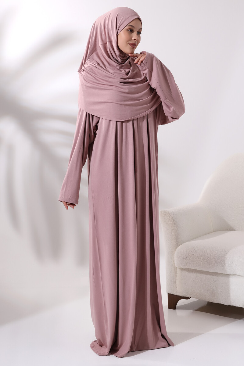 One Piece Practical Prayer Dress with Headscarf and Robe 8015 Powder - 2