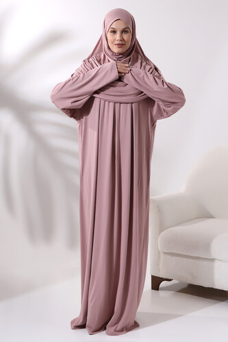 One Piece Practical Prayer Dress with Headscarf and Robe 8015 Powder - 4