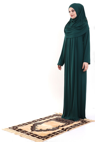 One Piece Practical Prayer Dress with Robe and Headscarf 8015 Emerald Green - 5