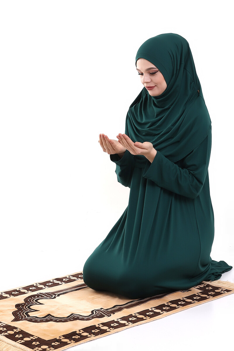 One Piece Practical Prayer Dress with Robe and Headscarf 8015 Emerald Green - 6