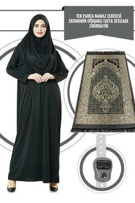 One Piece Prayer Dress - Black - 5015 and Prayer Rug and Zikirmatik - Triple Set - 1