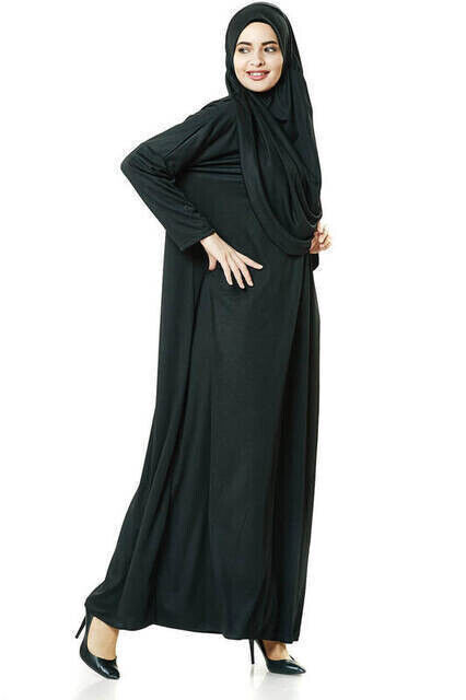 One Piece Prayer Dress - Black - 5015 and Prayer Rug and Zikirmatik - Triple Set - 5