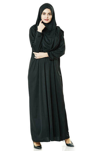 One Piece Prayer Dress - Black - 5015 and Prayer Rug and Zikirmatik - Triple Set - 6