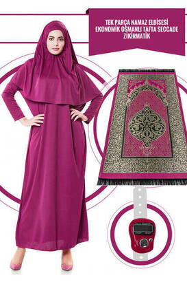 One Piece Prayer Dress - Fuchsia- 5015 and Prayer Rug and Zikirmatik - Triple Set - 1