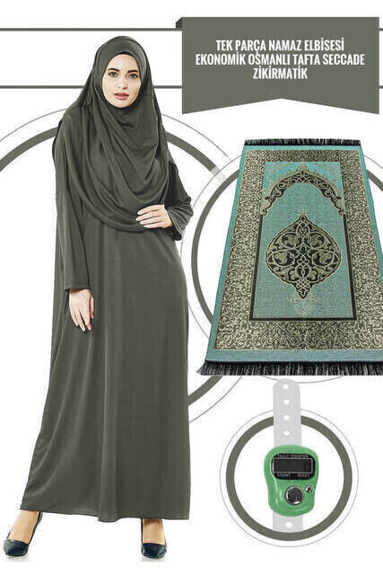 Single Piece Prayer Dress - Khaki - 5015 & Prayer Rug & Zikirmatik - Triple Set - 1