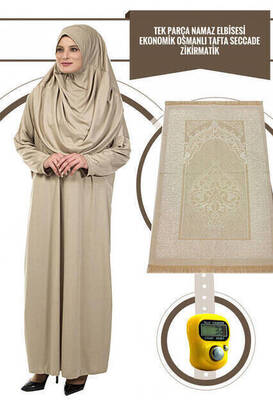 One Piece Prayer Dress - Mink- 5015 and Prayer Rug and Zikirmatik - Triple Set - 1