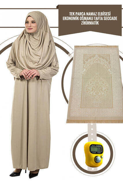 One Piece Prayer Dress - Mink- 5015 and Prayer Rug and Zikirmatik - Triple Set - 1