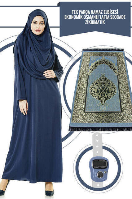 One Piece Prayer Dress - Navy Blue - 5015 and Prayer Rug and Zikirmatik - Triple Set - 1