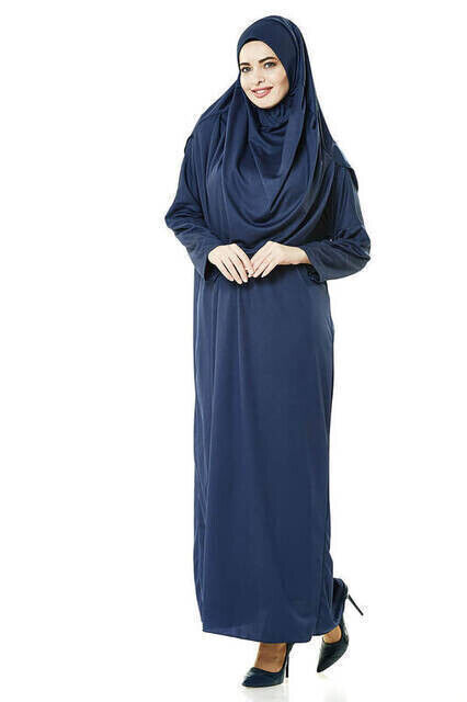 One Piece Prayer Dress - Navy Blue - 5015 and Prayer Rug and Zikirmatik - Triple Set - 5