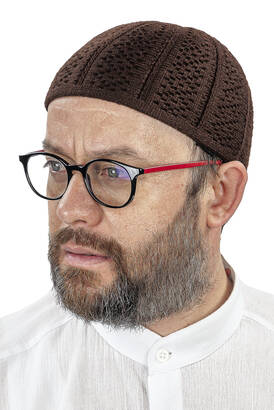 Orlon Knitted Winter Wool Beret Skullcap Baklava Pattern Brown - 1