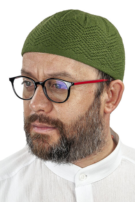 Orlon Knitted Winter Wool Beret Skullcap Baklava Pattern Green - 1