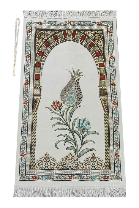 Ottoman Arch Mihrab Tulip Pattern Chenille Prayer Rug White - 1