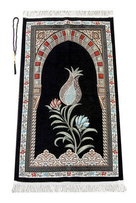 Ottoman Arch Mihrab Tulip Patterned Chenille Prayer Rug Black - 1