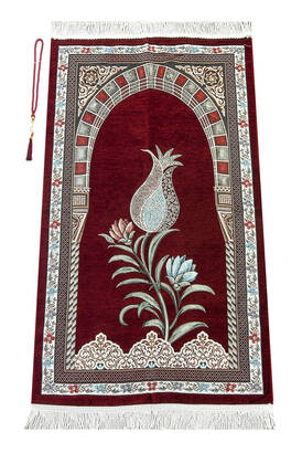 Ottoman Arch Mihrab Tulip Patterned Chenille Prayer Rug Claret Red - 1