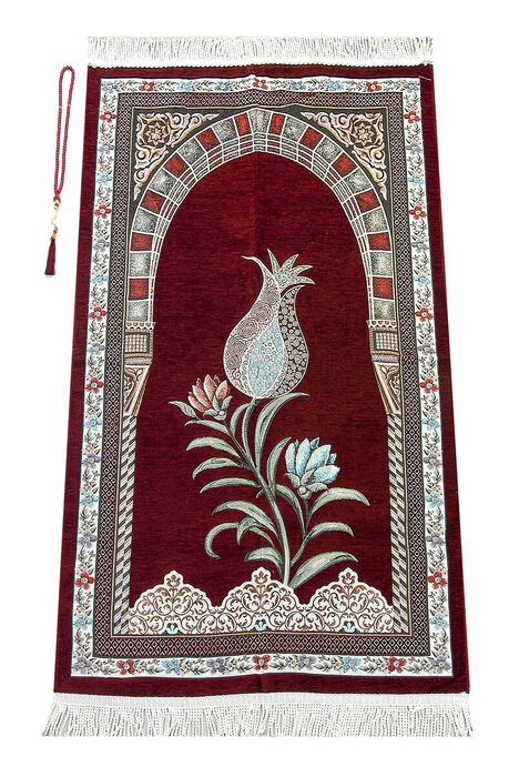 Ottoman Arch Mihrab Tulip Patterned Chenille Prayer Rug Claret Red - 1