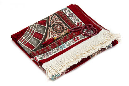 Ottoman Arch Mihrab Tulip Patterned Chenille Prayer Rug Claret Red - 2