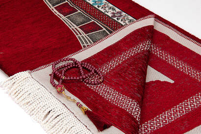 Ottoman Arch Mihrab Tulip Patterned Chenille Prayer Rug Claret Red - 3