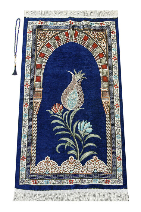 Ottoman Arch Mihrab Tulip Patterned Chenille Prayer Rug Dark Blue - 1