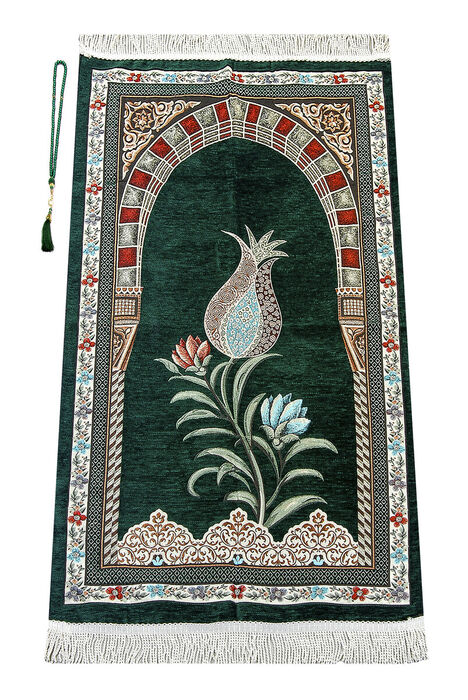 Ottoman Arch Mihrab Tulip Patterned Chenille Prayer Rug Green - 1