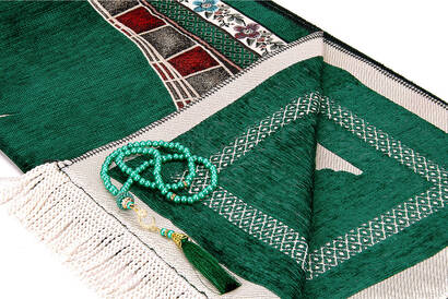 Ottoman Arch Mihrab Tulip Patterned Chenille Prayer Rug Green - 3