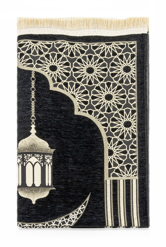 Patterned Chenille Prayer Rug - Black Color - 3