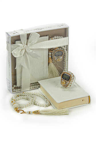 Pearl Rosary and Chanting Cream Quran Set with Medina Hat Religious Gift - 1