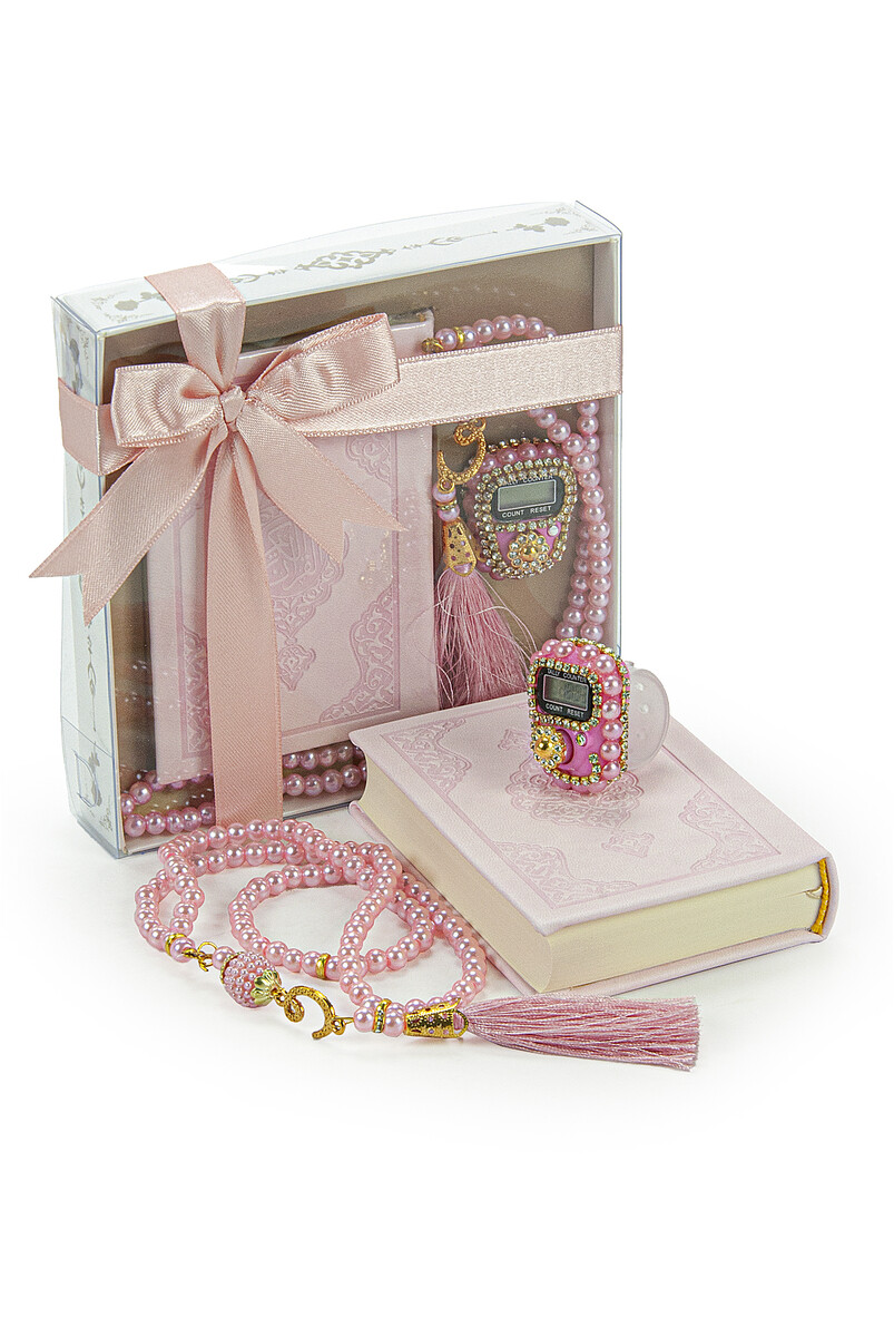 Pearl Rosary and Chanting Pink Medina Calligraphy Quran Set Religious Gift - 1