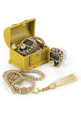 Pearl Rosary and Zikirmatik Mevlüt Gift Set in Box with Chest Yellow - 1