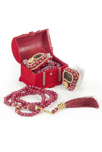 Pearl Rosary and Zikirmatik Set Mevlüt Gift in Box with Chest Red - 1