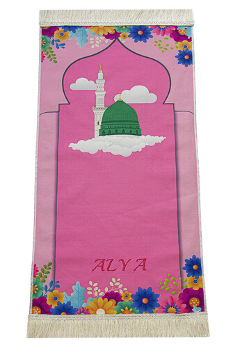 Personalized Embroidery Masjid Prophetic Flower Patterned Children's Prayer Rug Pink - 1