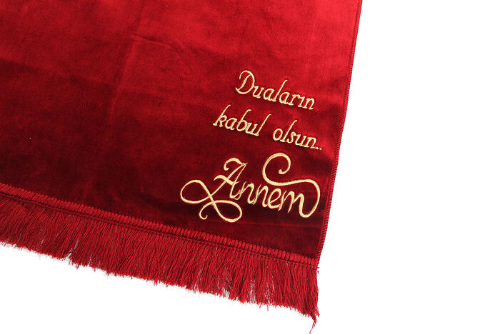 Personalized Name Embroidered Luxury Plain Unpatterned Velvet Velor Prayer Rug Red - 2