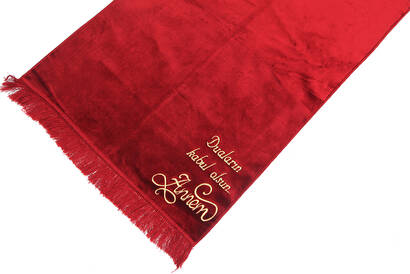 Personalized Name Embroidered Luxury Plain Unpatterned Velvet Velor Prayer Rug Red - 3