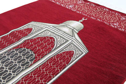 Personalized Name Embroidered Mausoleum Ibrahim Patterned Luxury Chenille Prayer Rug - Claret Red - 2