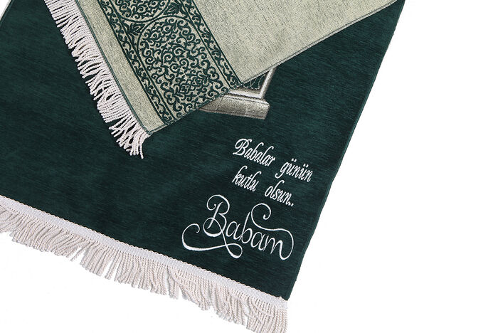 Personalized Name Embroidered Mausoleum Ibrahim Patterned Luxury Chenille Prayer Rug - Green - 5