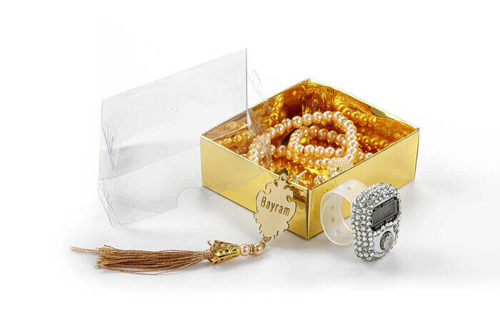 Personalized Plexi Pearl Rosary and Zikirmatik Mevlid Gift Set - Gold Color - 2