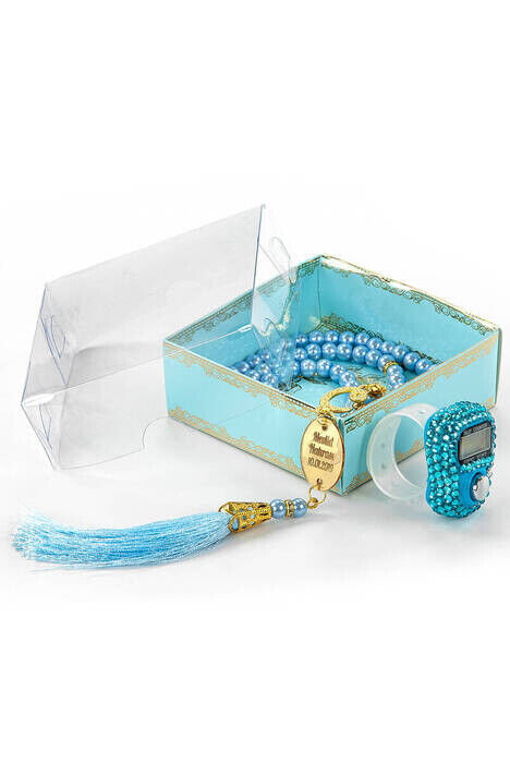 Personalized Plexi Pearl Rosary with Zikirmatik Mevlid Gift Set - Blue Color - 1