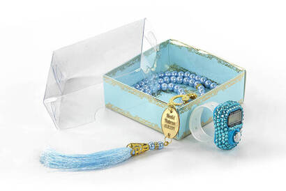 Personalized Plexi Pearl Rosary with Zikirmatik Mevlid Gift Set - Blue Color - 2