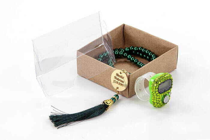 Personalized Plexi Pearl Rosary with Zikirmatik Mevlid Gift Set - Green Color - 2