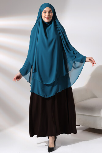 Petrol Chiffon Three Layer Veiled Long Hijab Soufflé Scarf - 1