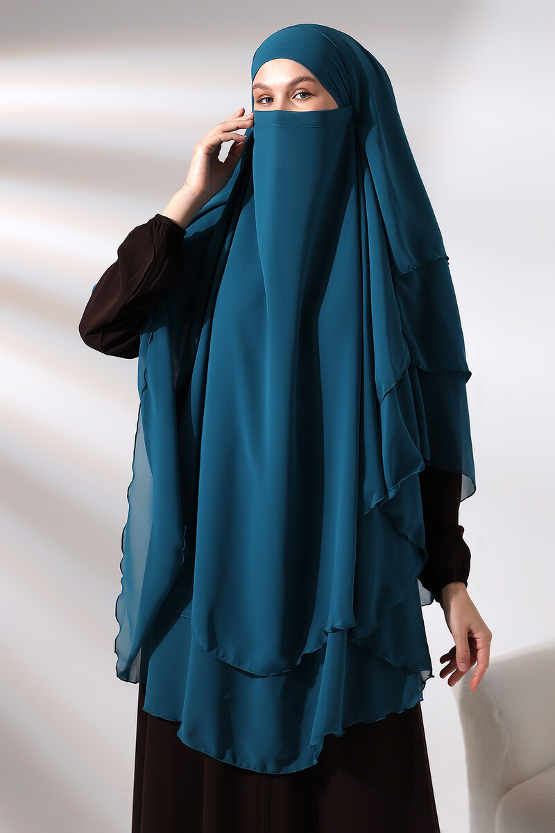 Petrol Chiffon Three Layer Veiled Long Hijab Soufflé Scarf - 2