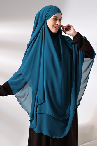 Petrol Chiffon Three Layer Veiled Long Hijab Soufflé Scarf - 3