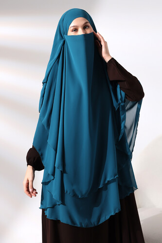 Petrol Chiffon Three Layer Veiled Long Hijab Soufflé Scarf - 4