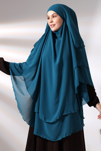 Petrol Chiffon Three Layer Veiled Long Hijab Soufflé Scarf - 5