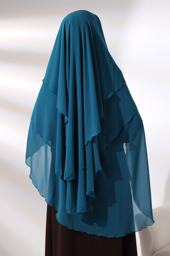 Petrol Chiffon Three Layer Veiled Long Hijab Soufflé Scarf - 6