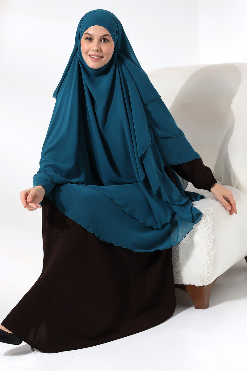 Petrol Chiffon Three Layer Veiled Long Hijab Soufflé Scarf - 7