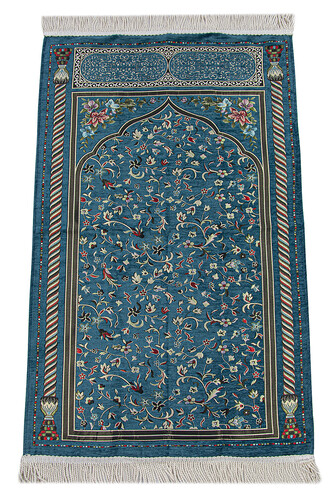 Petrol Floral Ravza Patterned Lined Chenille Prayer Rug - 1