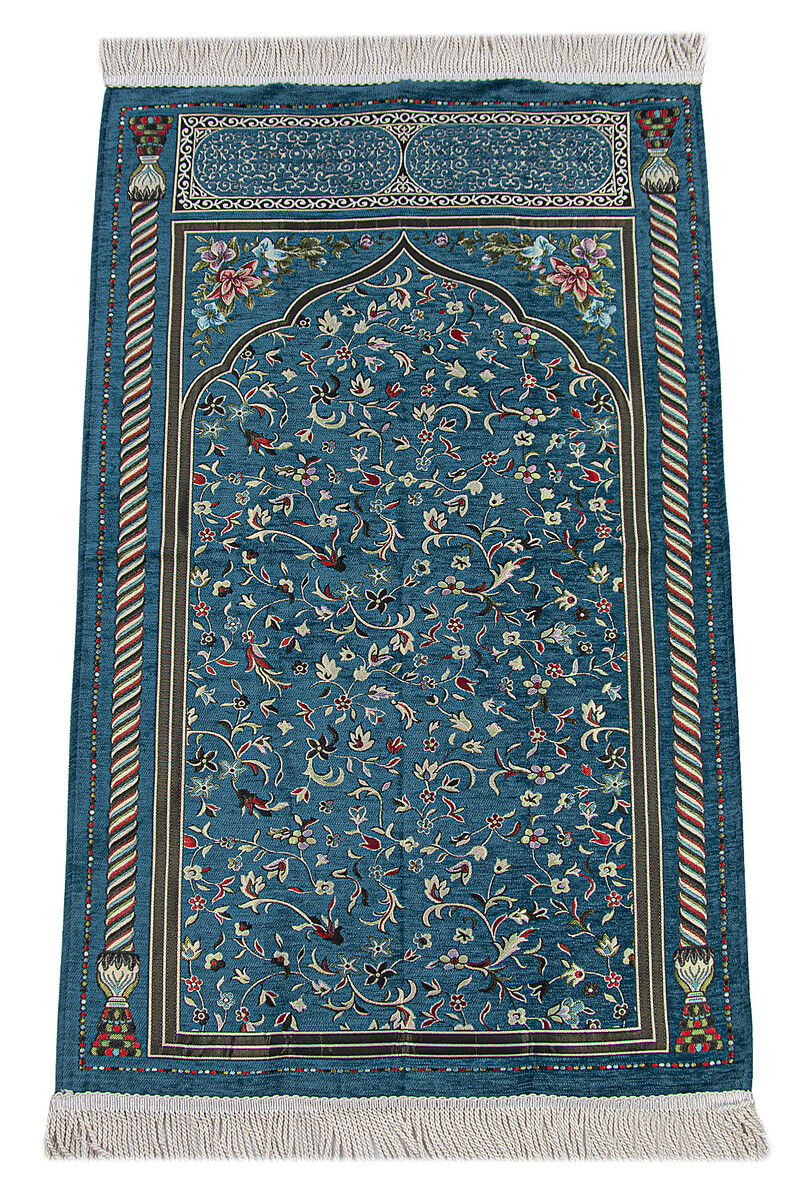 Petrol Floral Ravza Patterned Lined Chenille Prayer Rug - 1