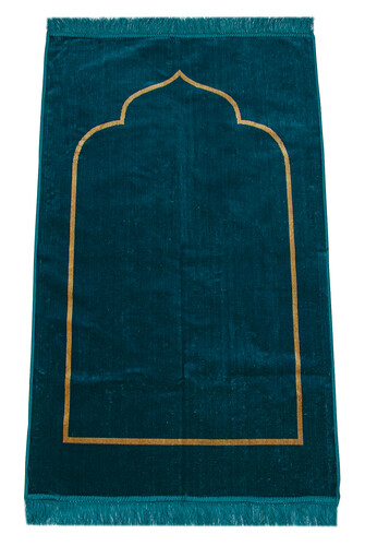 Petrol Minimal Velvet Prayer Rug with Mihrab - 1